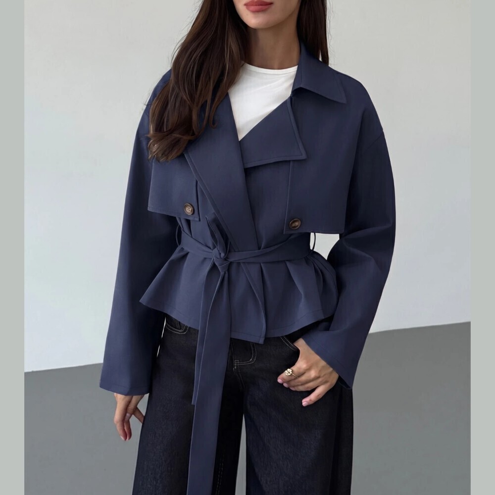 Navy Blue Cropped Trench Jacket with Lapel Collar and Flap Pocket